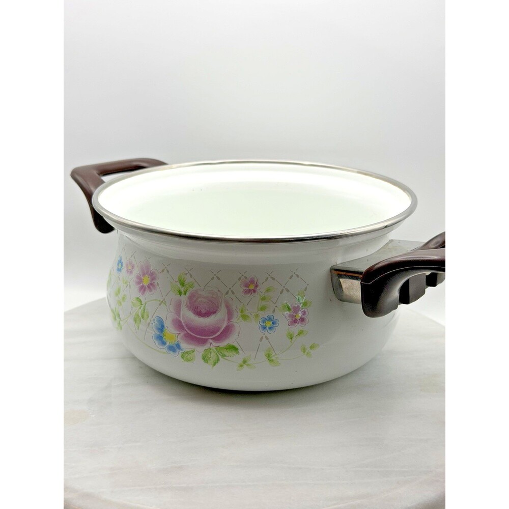 Vintage Sanko Ware Enamel Casserole Saucepan Pink Rose Floral Japan 7.5" No Lid